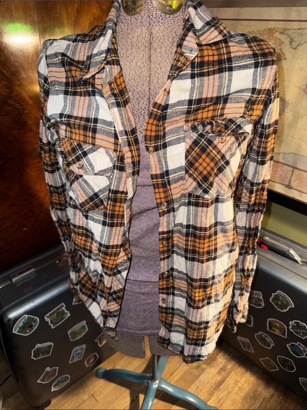 Volcom Women's Mustard Orange Black White Plaid Long Sleeve Flannel Shirt Size S